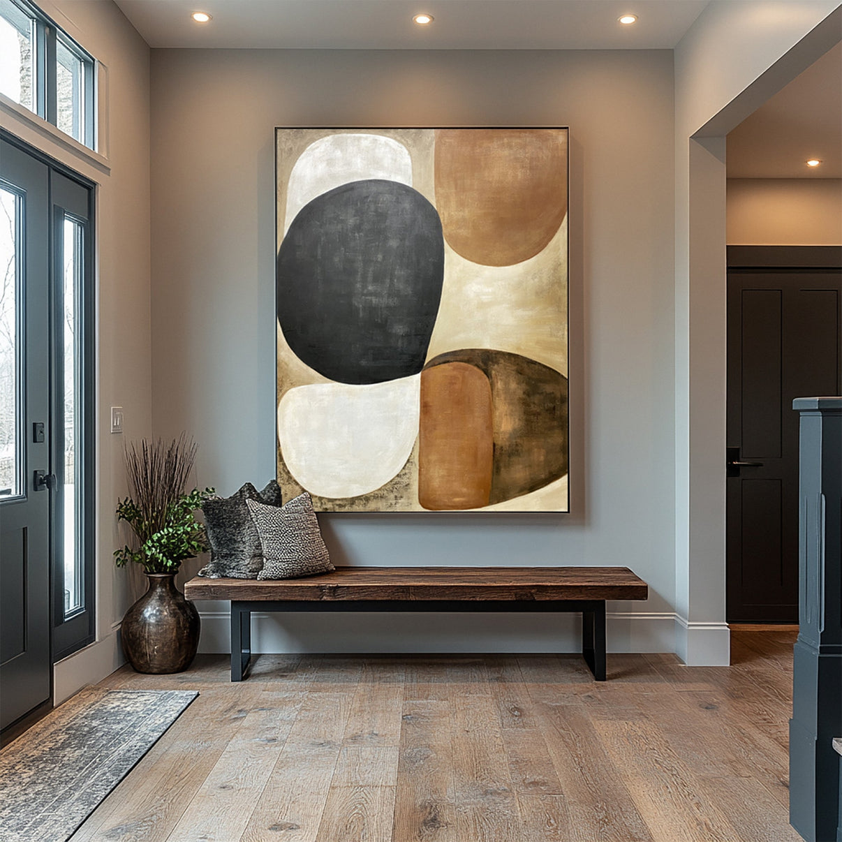 Abstract Art with Textured Shapes in Black, White, and Beige #BGA 281 — Front View | Abstract Oil Painting for Home Decor