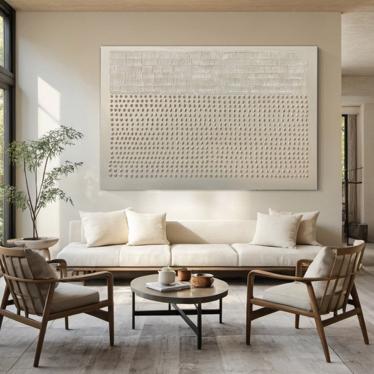 Abstract Neutral Composition with Linear and Dot Patterns #BGA 219 — Front View | Abstract Oil Painting for Home Decor