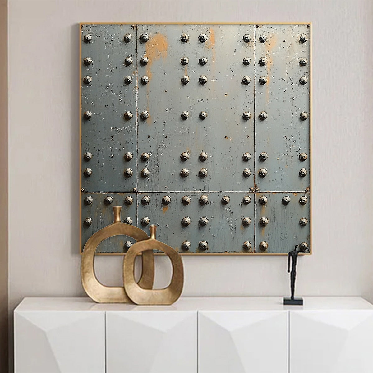 3D Riveted Metal Painting | Realistic Industrial Wall Art #AA 210 — Front View | Abstract Oil Painting for Home Decor