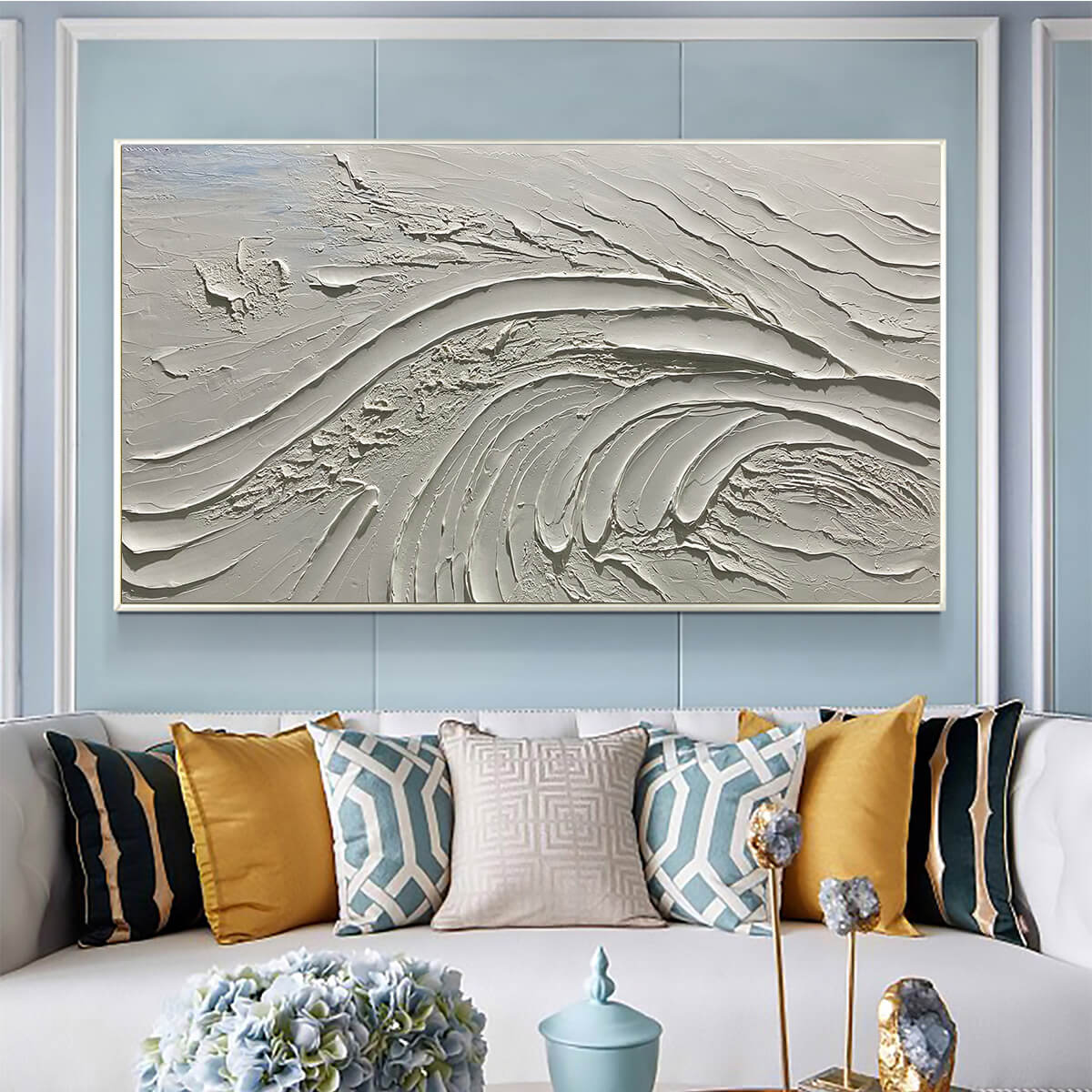3D Textured White Abstract Wall Art | Plaster Effect Canvas #AA 355 — Front View | Abstract Oil Painting for Home Decor
