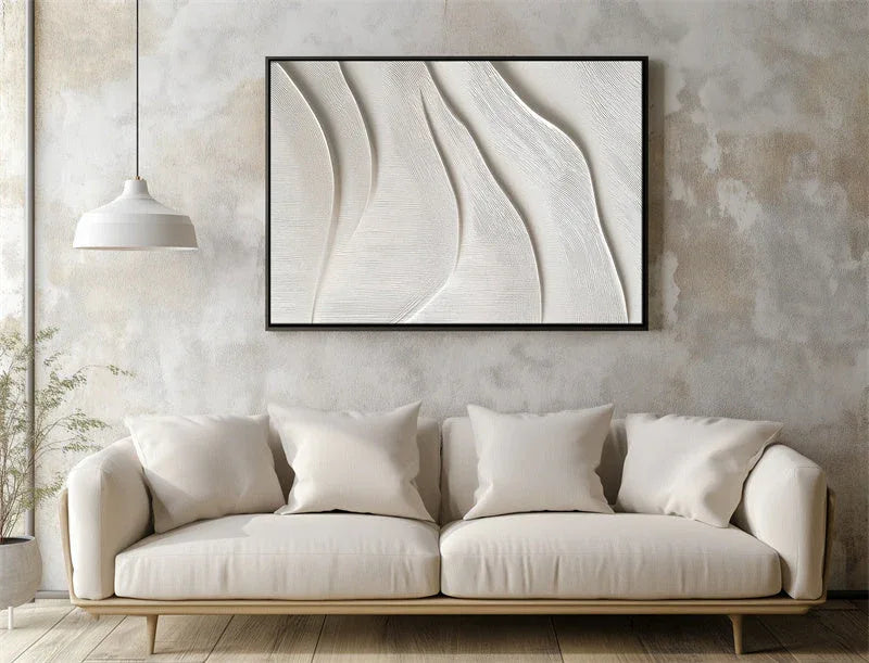 3D White Textured Wall Art – Minimalist Abstract Wave Canvas Decor — Front View | Abstract Oil Painting for Home Decor