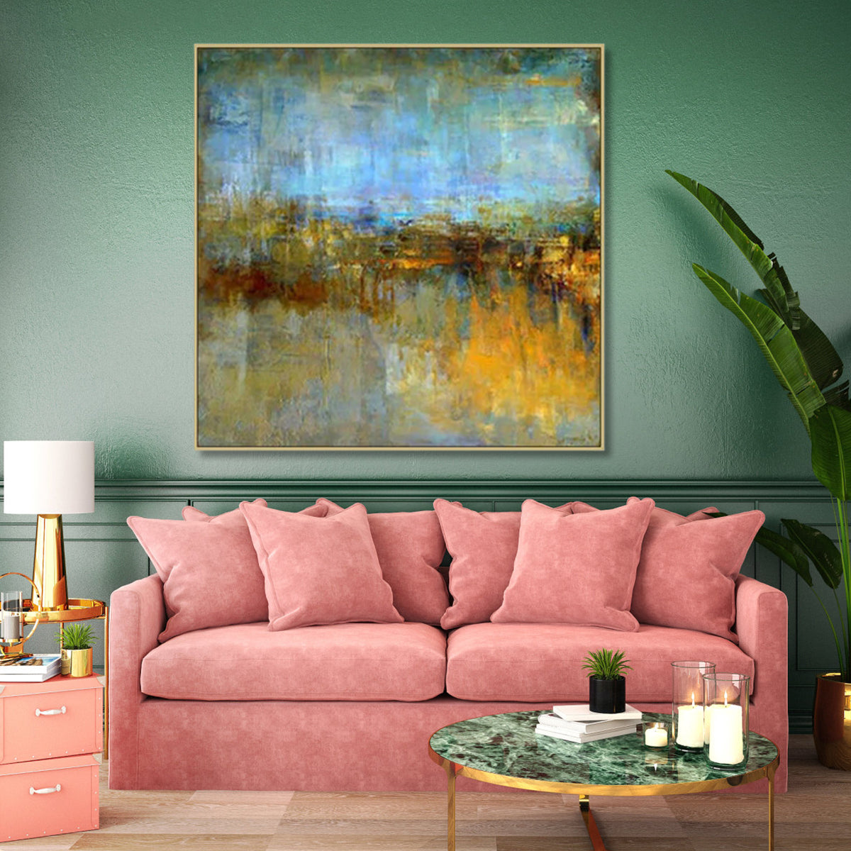 Abstract Gold and Blue – Modern Blue and Gold Wall Art — Front View | Abstract Oil Painting for Home Decor