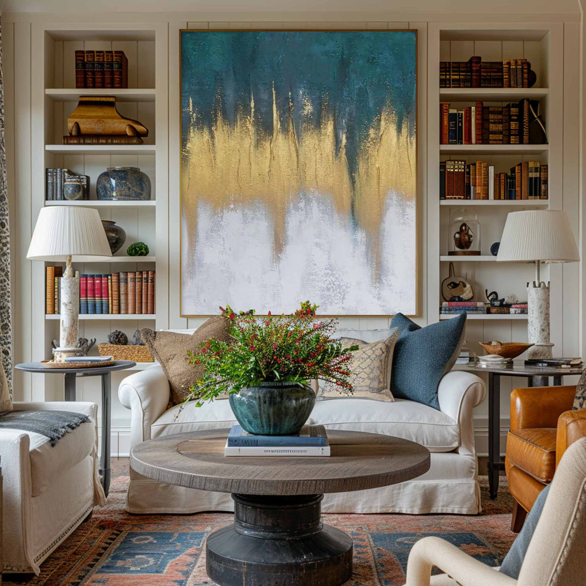 Abstract Blue And Gold Painting #ABAV157 — Front View | Abstract Oil Painting for Home Decor