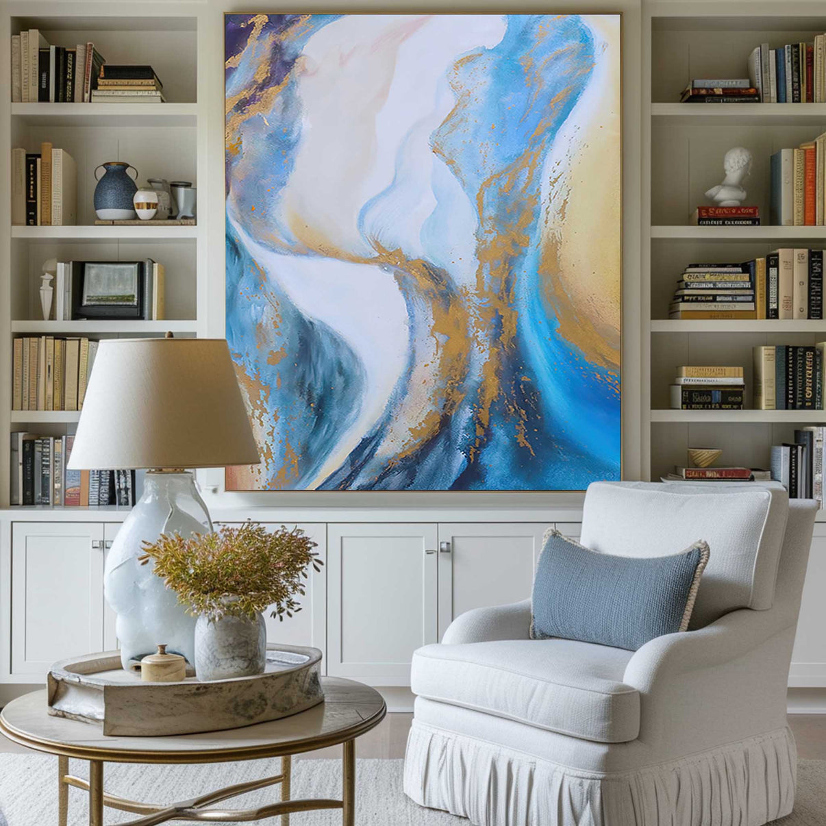 Abstract Blue And Gold Painting #ABAV158 — Front View | Abstract Oil Painting for Home Decor