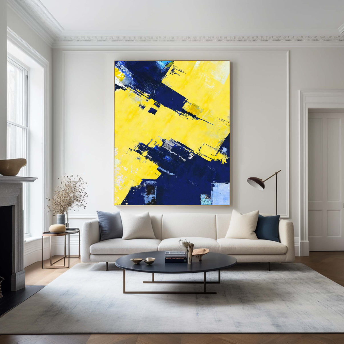 Abstract Blue Yellow Painting #ABAV14 — Front View | Abstract Oil Painting for Home Decor