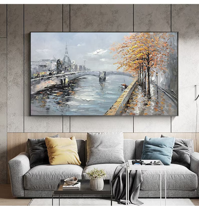 Autumn Rain River Cityscape Painting — Front View | Abstract Oil Painting for Home Decor