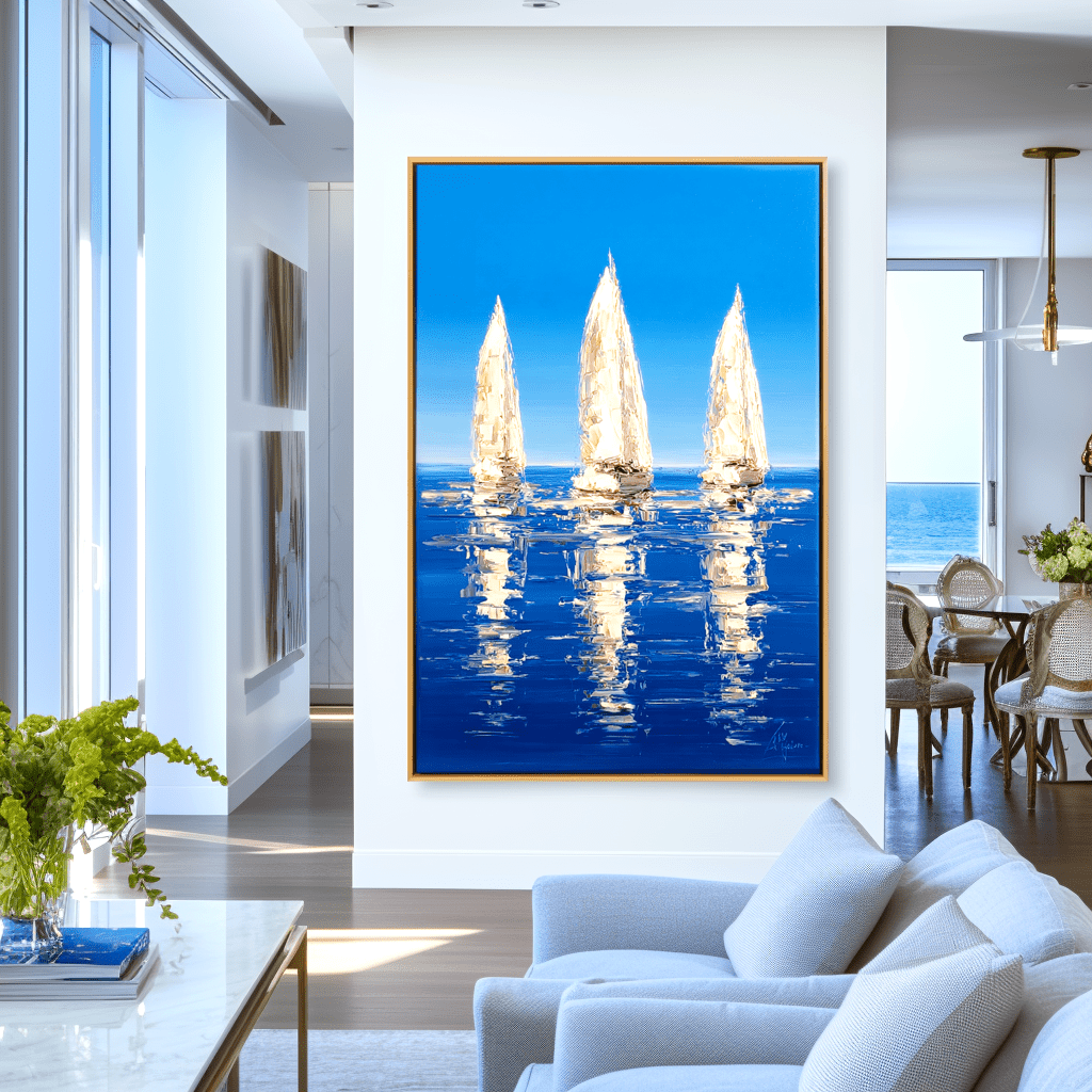 Azure Calm – Three Sailboats Abstract Painting #awp65 — Front View | Abstract Oil Painting for Home Decor