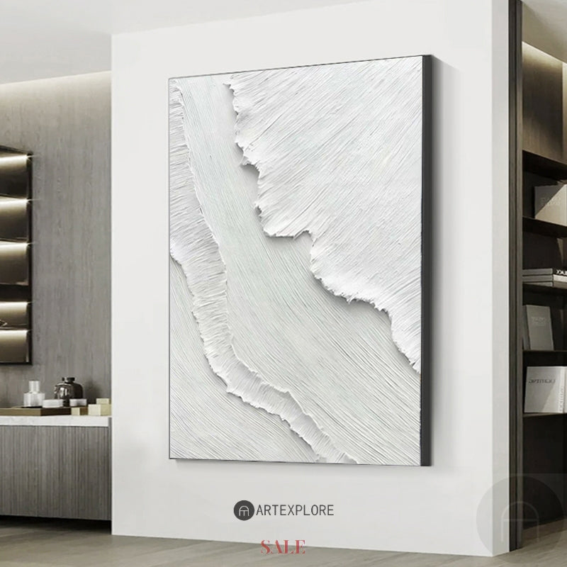 3D White Abstract Painting #ABAV361 — Front View | Abstract Oil Painting for Home Decor