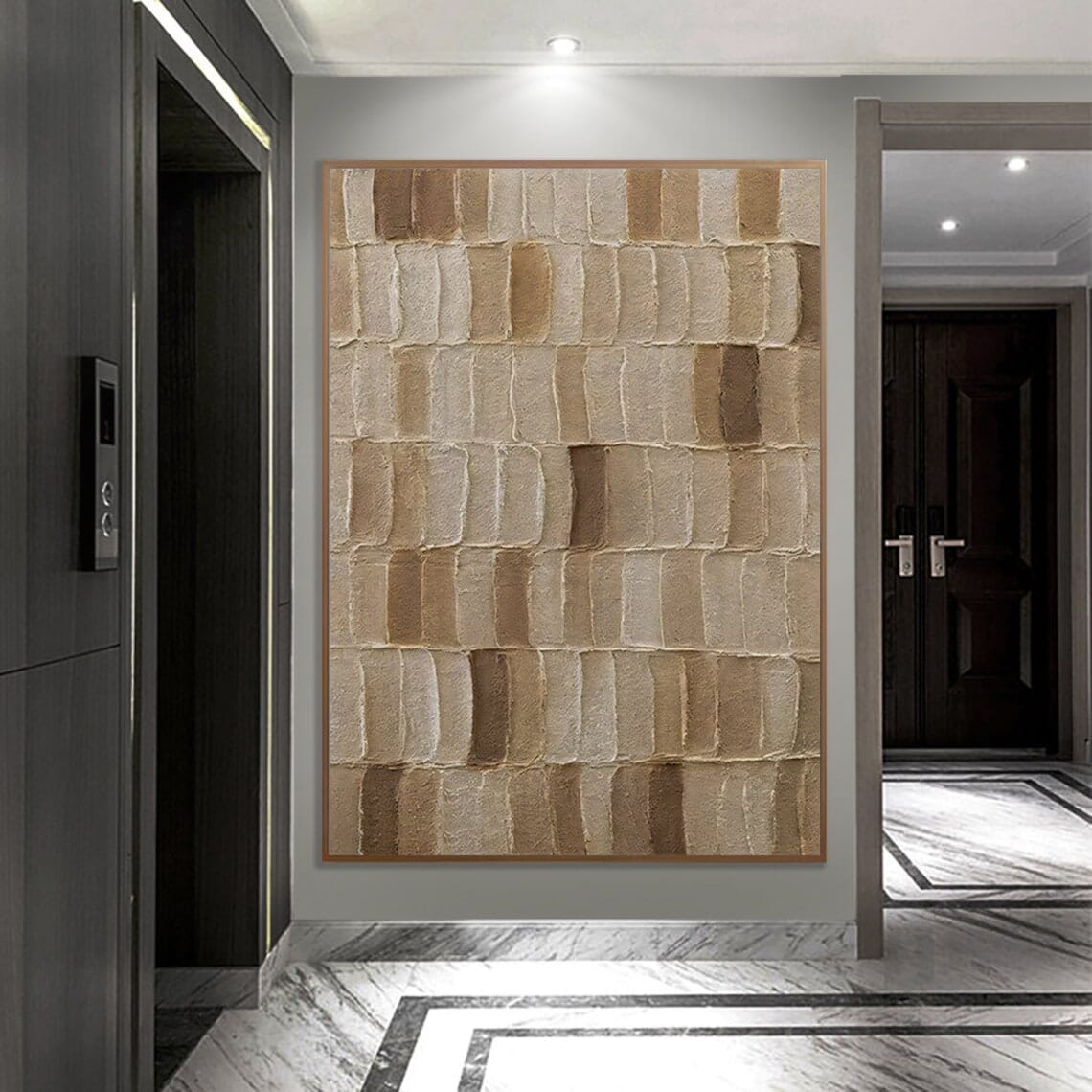 Beige Mosaic Block Texture Painting — Front View | Abstract Oil Painting for Home Decor