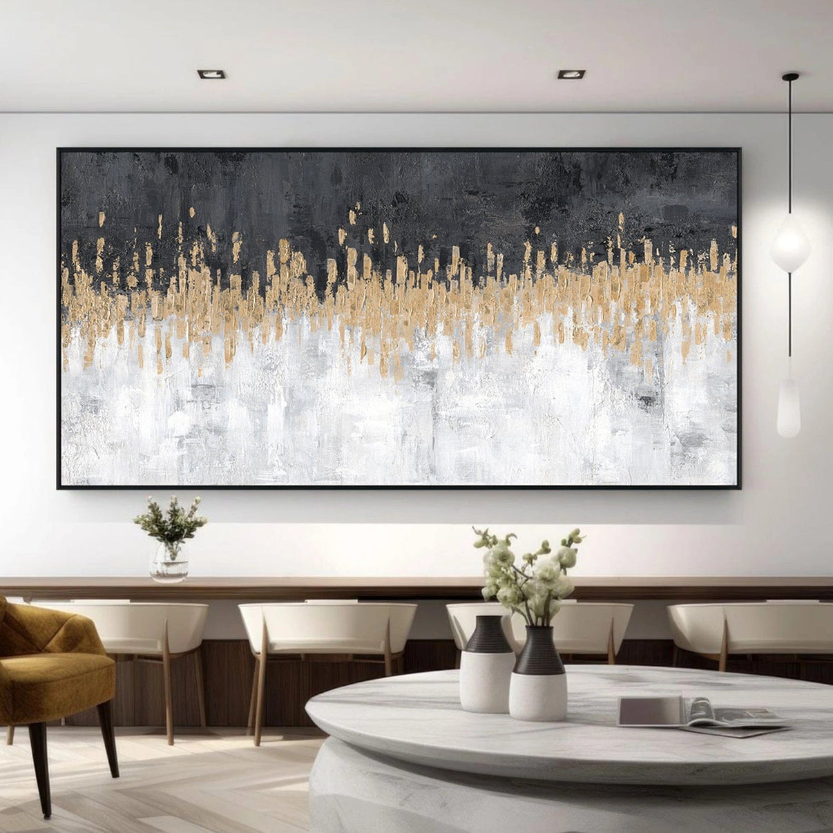 Black & Gold Horizon — Front View | Abstract Oil Painting for Home Decor