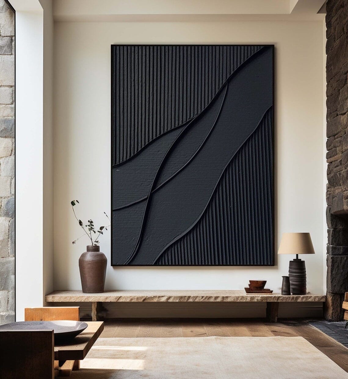 Black Textured Abstract Art – Modern Minimalist Painting — Front View | Abstract Oil Painting for Home Decor
