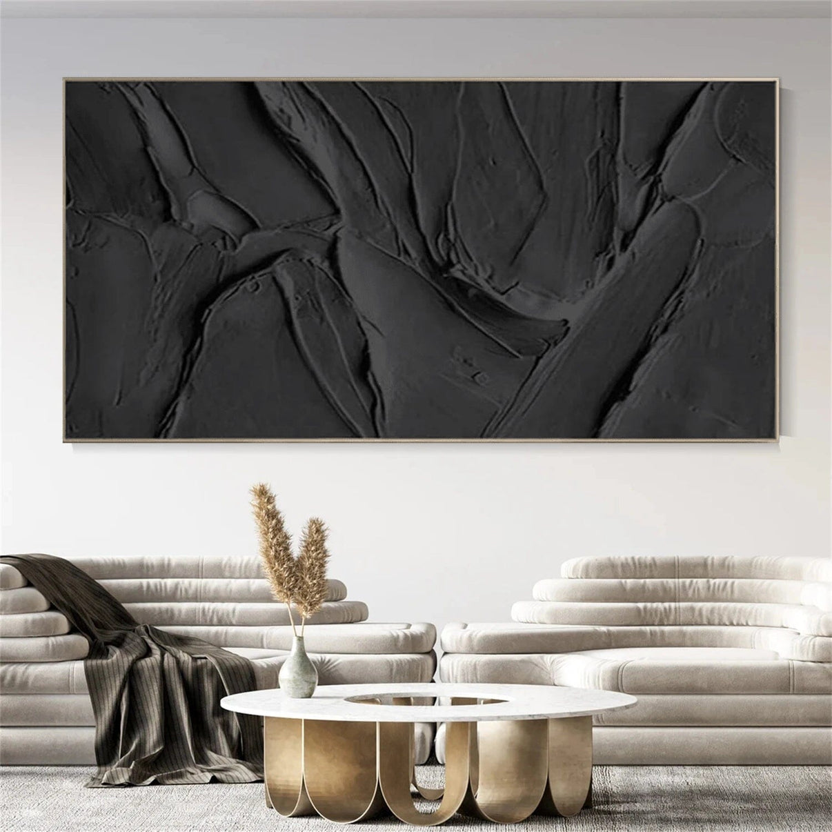 Blackscape-Wide Textured Abstract Painting #yar40 — Front View | Abstract Oil Painting for Home Decor