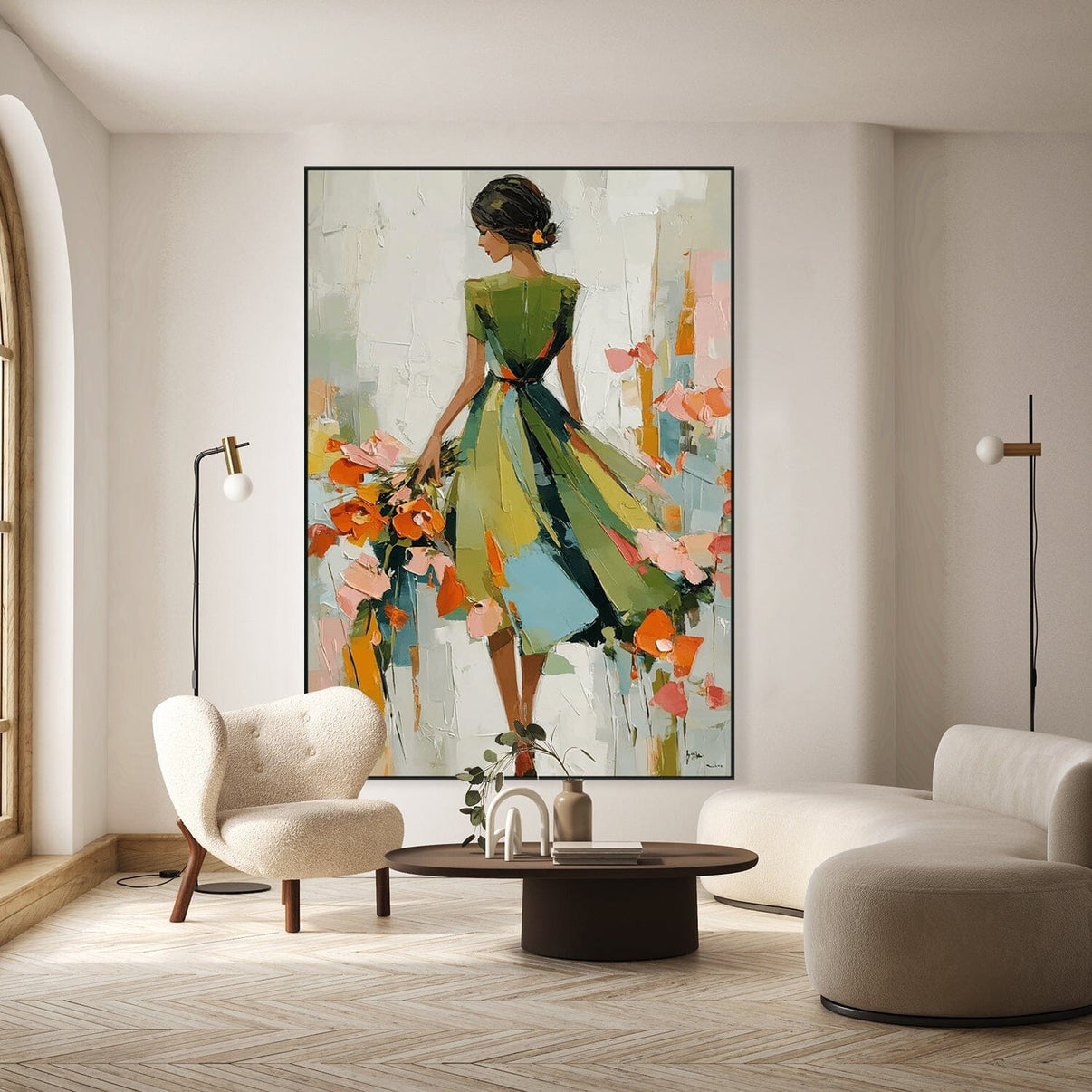 Blooming Steps – Abstract Woman in Green Dress Painting #RIX1(291) — Front View | Abstract Oil Painting for Home Decor