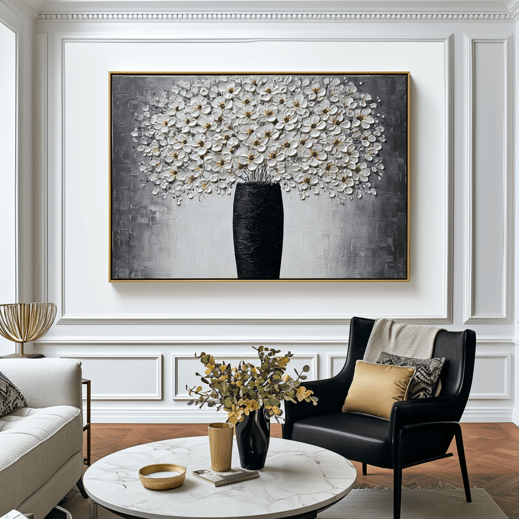Blooming Symphony – White Floral Vase Painting #93054 — Front View | Abstract Oil Painting for Home Decor