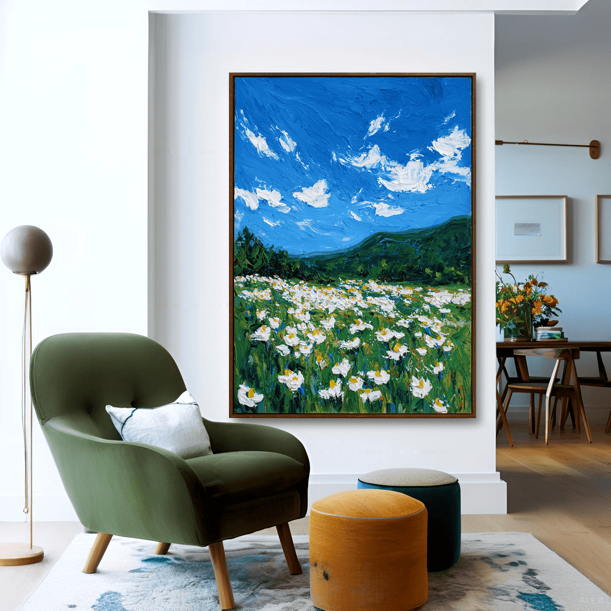 Blue Horizon – White Daisy Meadow Painting #awp31 — Front View | Abstract Oil Painting for Home Decor