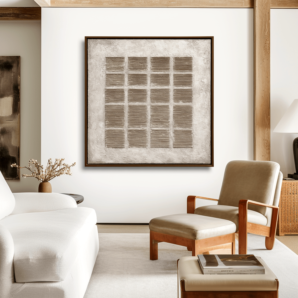 Calm Grid – Minimal Textured Painting #awp90 — Front View | Abstract Oil Painting for Home Decor
