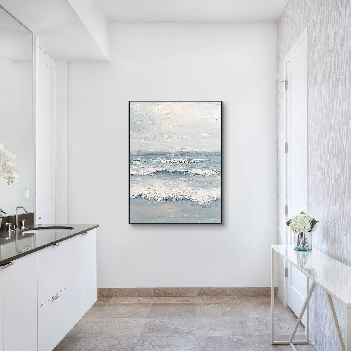 Calm Horizon – Grey Blue Seascape Painting#RCK7(78) — Front View | Abstract Oil Painting for Home Decor