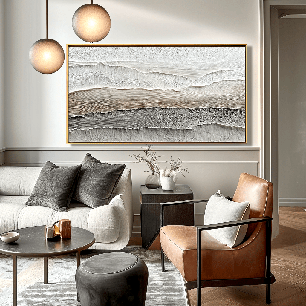 Calm Layers – White Beige Textured Landscape Painting #93050 — Front View | Abstract Oil Painting for Home Decor