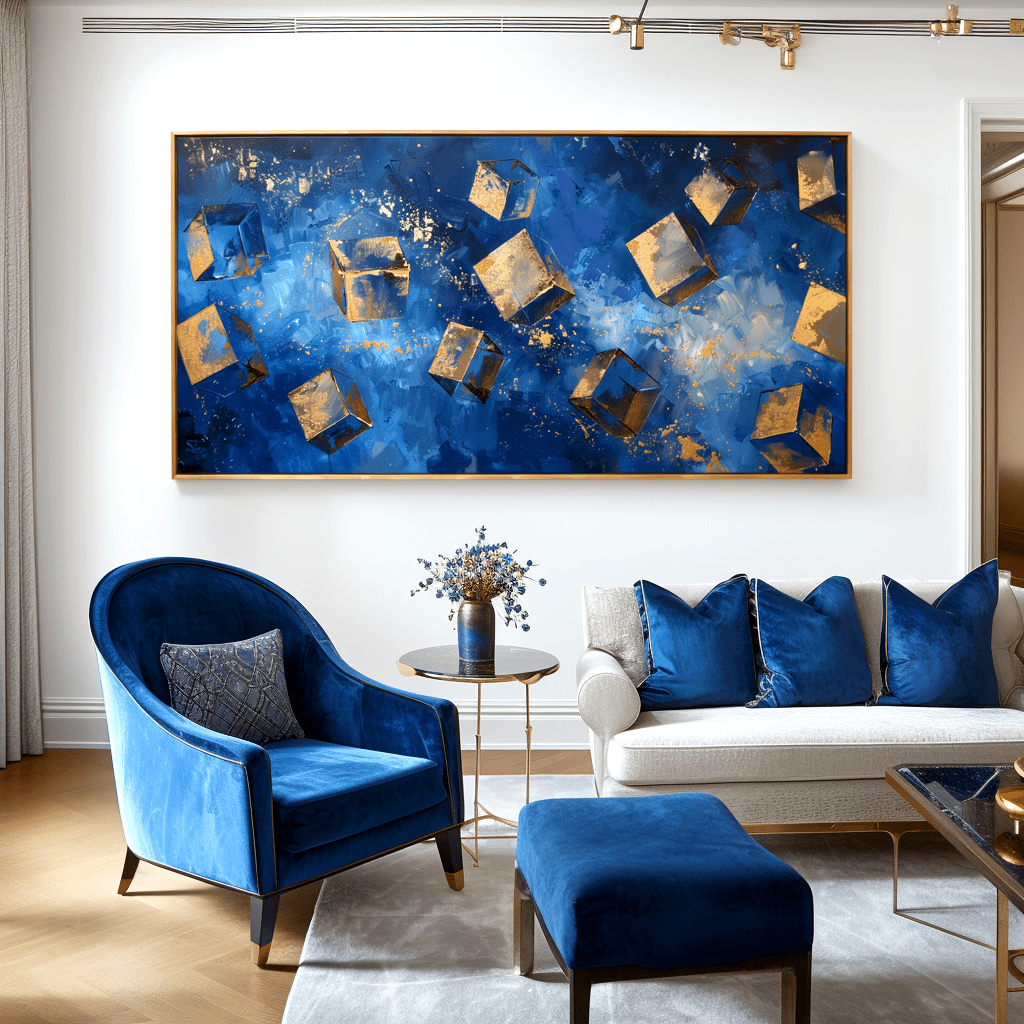 Celestial Motion – Blue and Gold Cube Abstract Painting #awp37 — Front View | Abstract Oil Painting for Home Decor