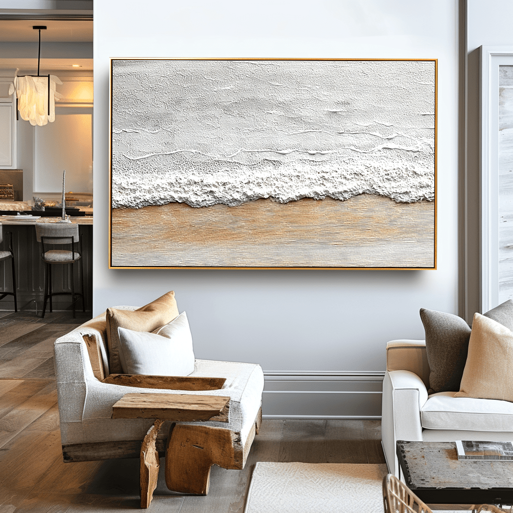 Coastal Whisper – White Beige Textured Painting #93033 — Front View | Abstract Oil Painting for Home Decor