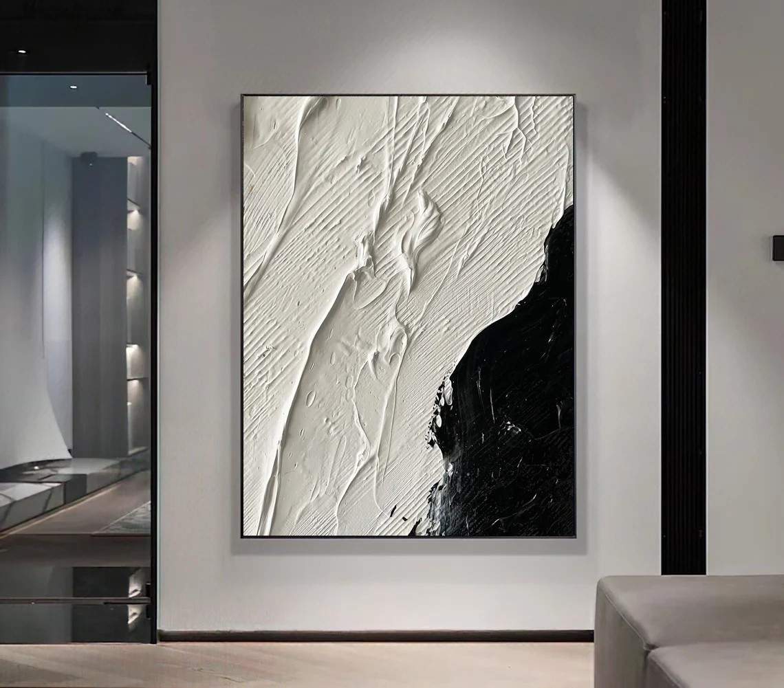 Abstract Texture Art in Black and White #BGA 038 — Front View | Abstract Oil Painting for Home Decor