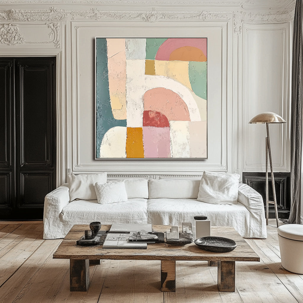 Arches of Serenity-Abstract Geometric Oil Painting, Soft Pastel Ton... — Front View | Abstract Oil Painting for Home Decor