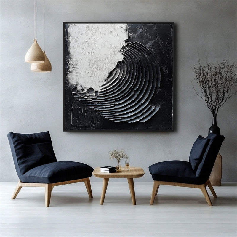 3D Textured Black & White Spiral Abstract... | Canvas Art | QSQart — Front View | Abstract Oil Painting for Home Decor