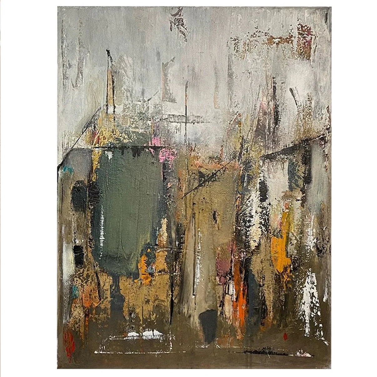 Abstract Urban Texture | Gray Gold — Front View | Abstract Oil Painting for Home Decor