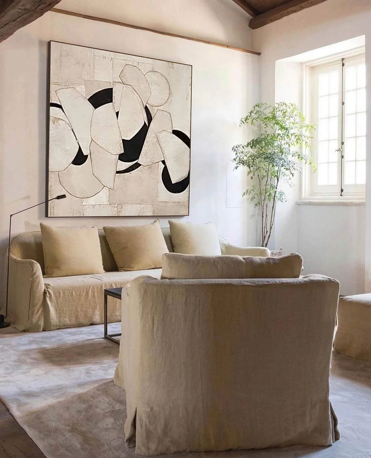 Abstract Beige Black Art | Timeless Sophistication — Front View | Abstract Oil Painting for Home Decor