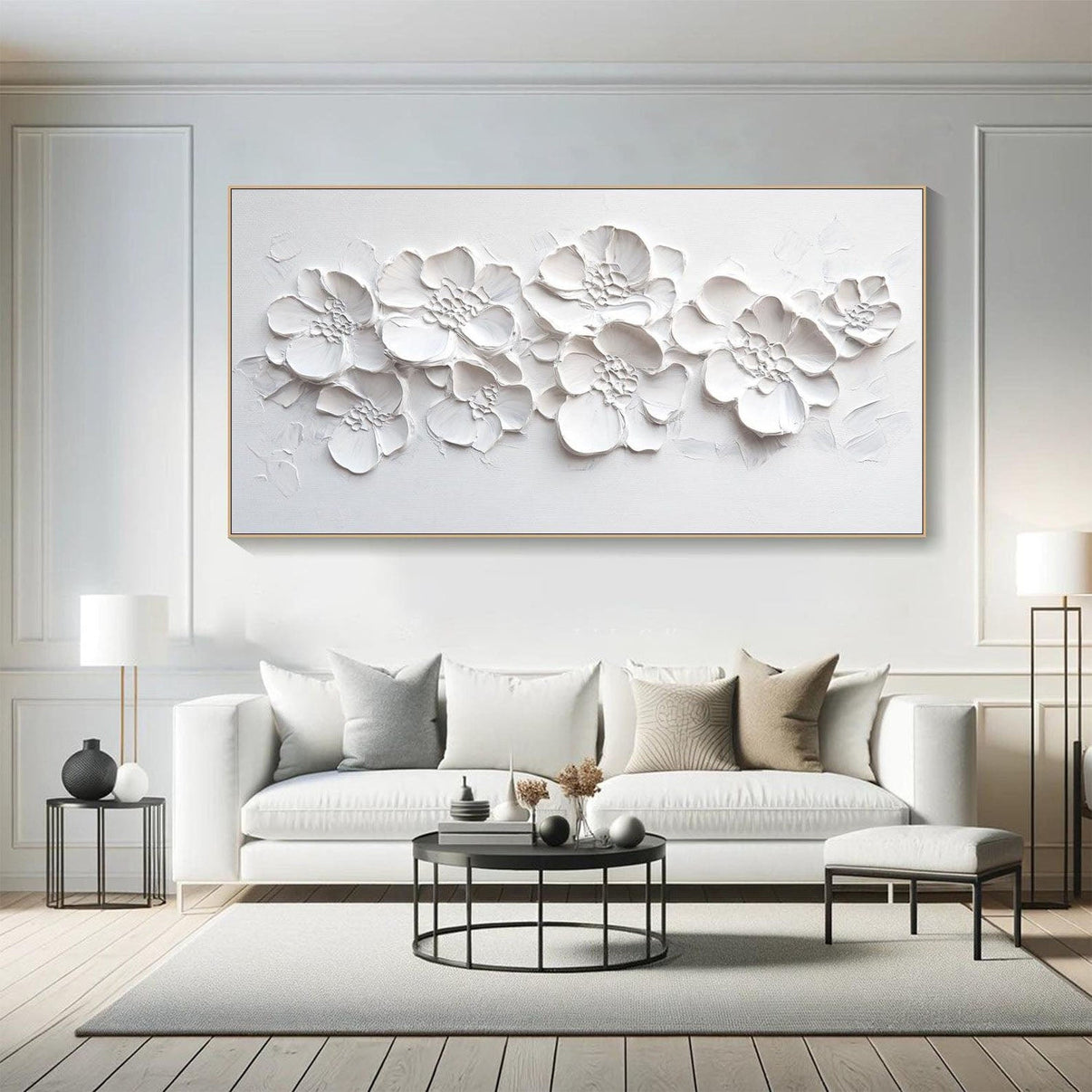 3D Textured White Floral Art — Front View | Abstract Oil Painting for Home Decor