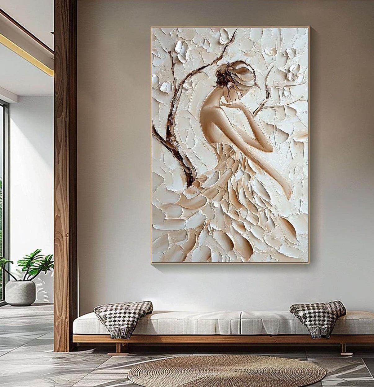 3D Textured Female Portrait — Front View | Abstract Oil Painting for Home Decor