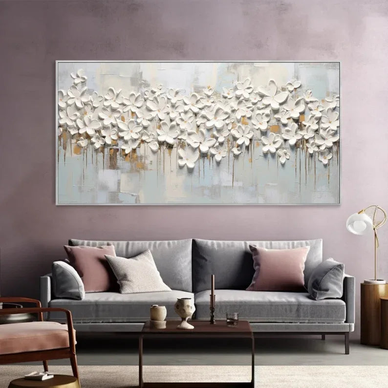 Abstract Floral 3D Flow-3D White Flower Texture Wall Art#FL10059 — Front View | Abstract Oil Painting for Home Decor