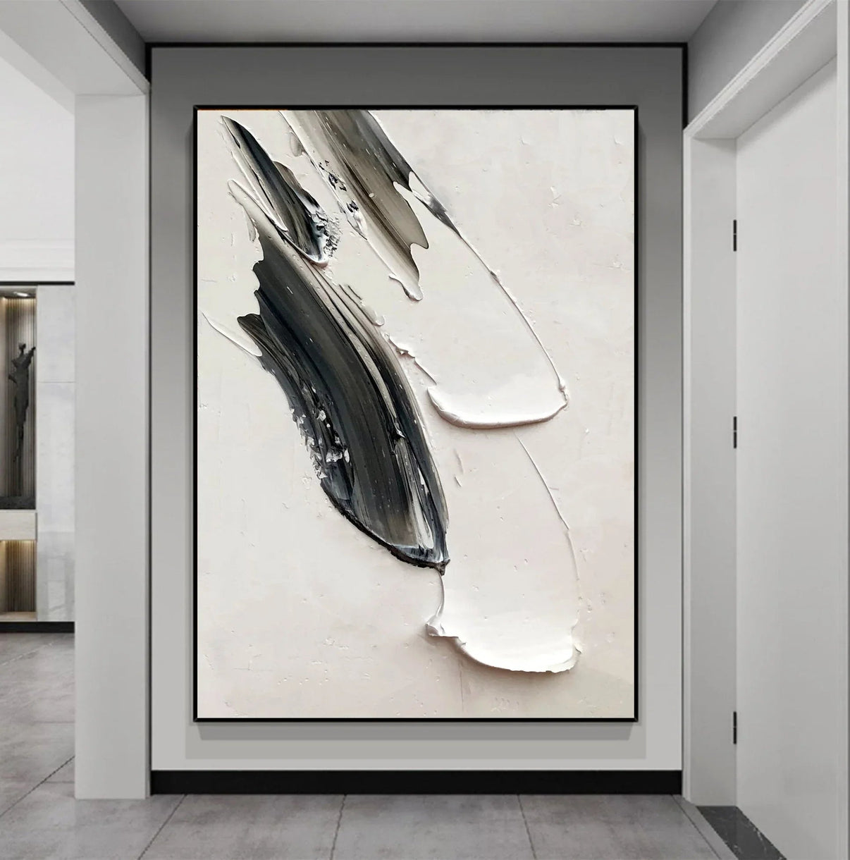 Abstract Echoes in Monochrome-Hand Painted Black and White Impasto ... — Front View | Abstract Oil Painting for Home Decor