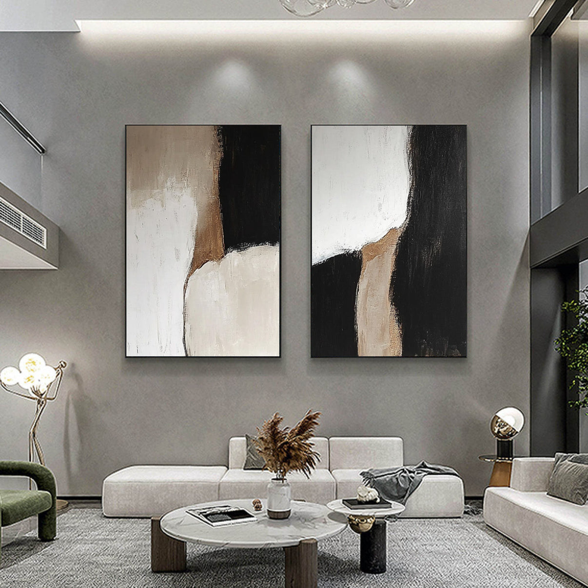Abstract Black and White Set for Living Room... | Canvas Art | QSQart — Front View | Abstract Oil Painting for Home Decor