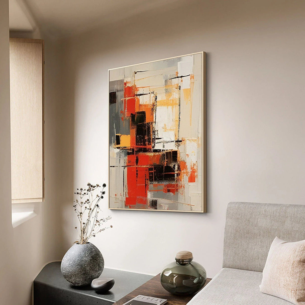 Abstract Blaze Grid-Hand Drawn Red Orange... | Canvas Art | QSQart — Front View | Abstract Oil Painting for Home Decor