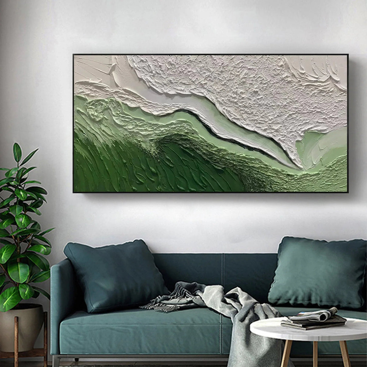 Abstract Green and White Textured Wall Art — Front View | Abstract Oil Painting for Home Decor