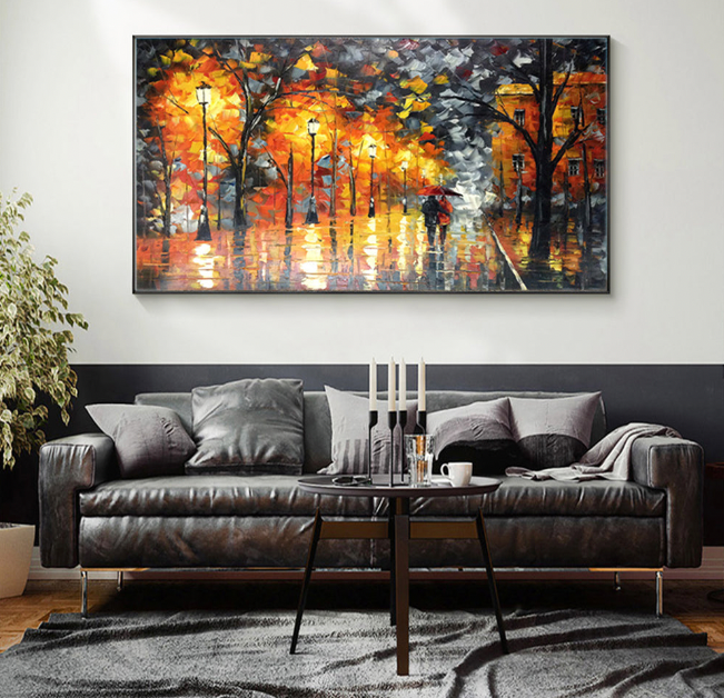 Autumn-Impressionist Rainy Night Street Oil Painting | Couple with ... — Front View | Abstract Oil Painting for Home Decor