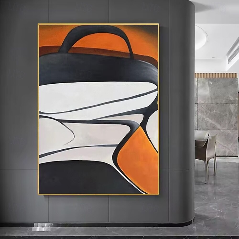 Abstract Vertical Canvas Wall Art: Black, White & Orange Curved Geo... — Front View | Abstract Oil Painting for Home Decor