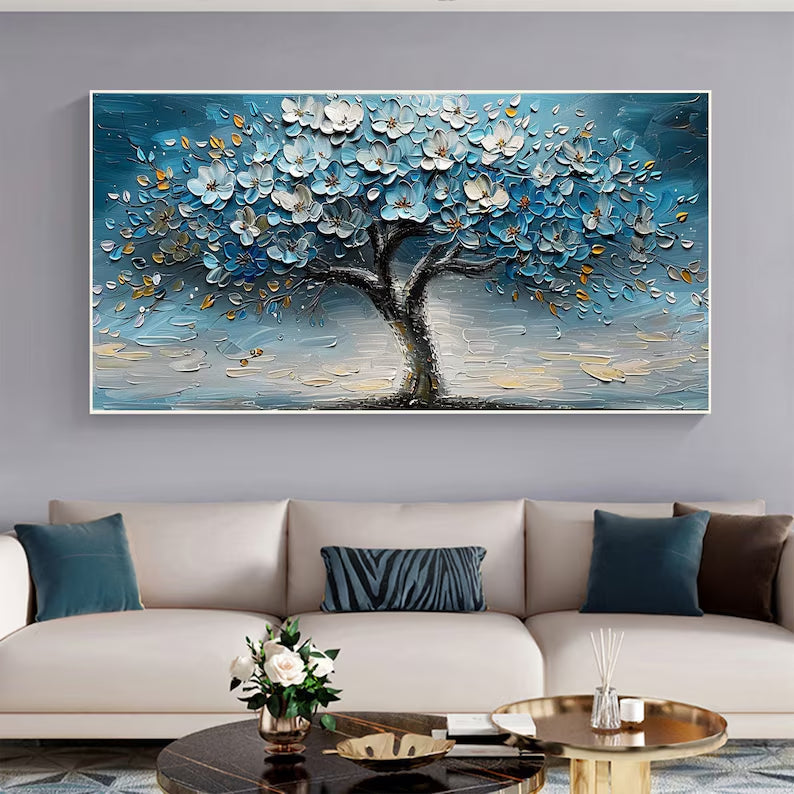 Azure Blossom Tree- 3D Textured Blue Gold Tree Paintting, Modern Fr... — Front View | Abstract Oil Painting for Home Decor