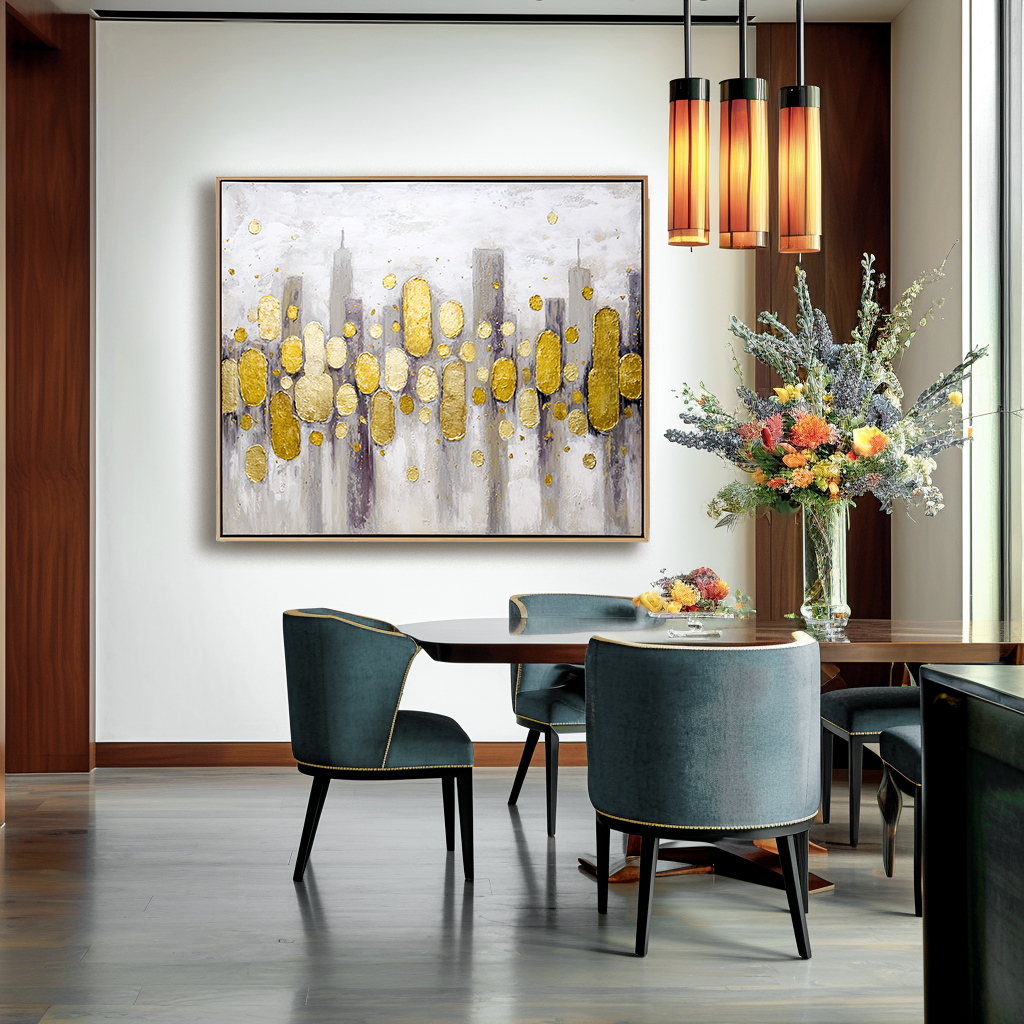 Abstract Gold Leaf Cityscape Oil Painting — Front View | Abstract Oil Painting for Home Decor