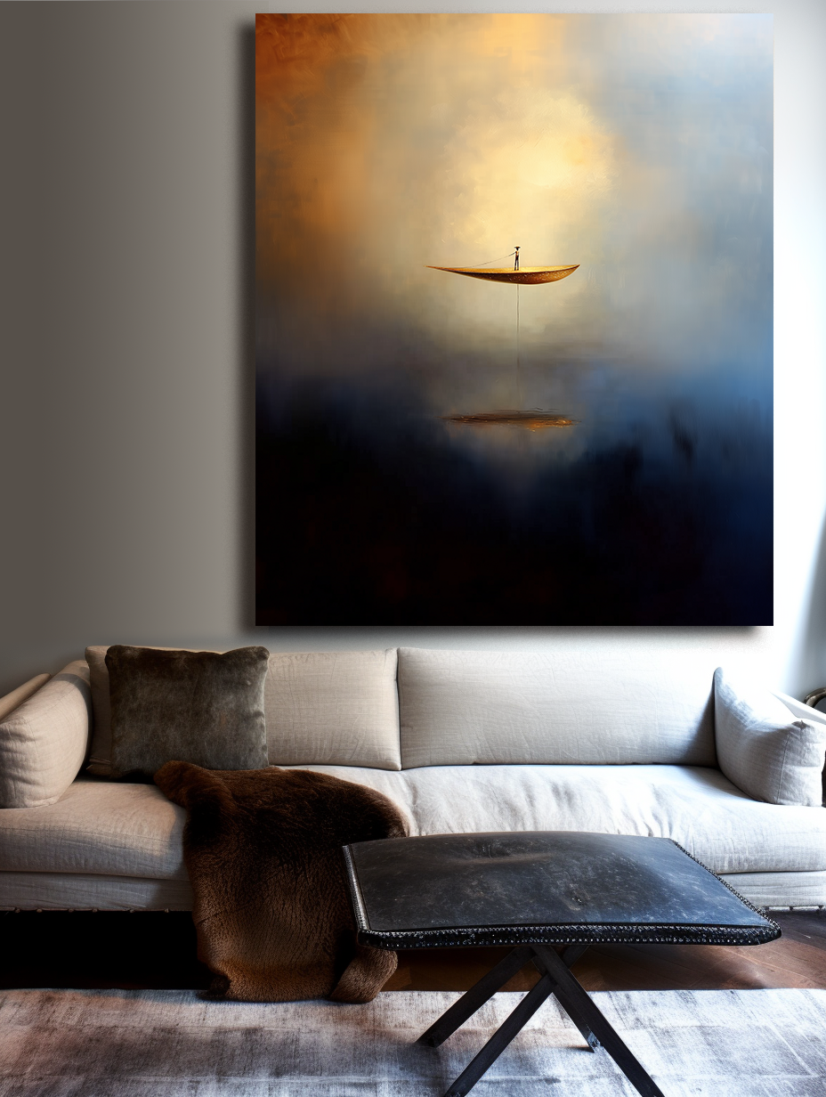 Ascend in Silence – Surreal Abstract Boat Painting Floating Man Dre... — Front View | Abstract Oil Painting for Home Decor