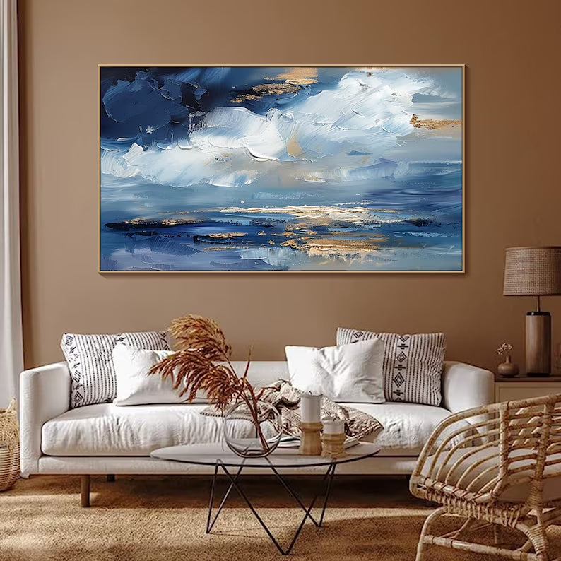 Azure Dreamscape-Modern Abstract Oil Painting, Blue and Gold Textur... — Front View | Abstract Oil Painting for Home Decor