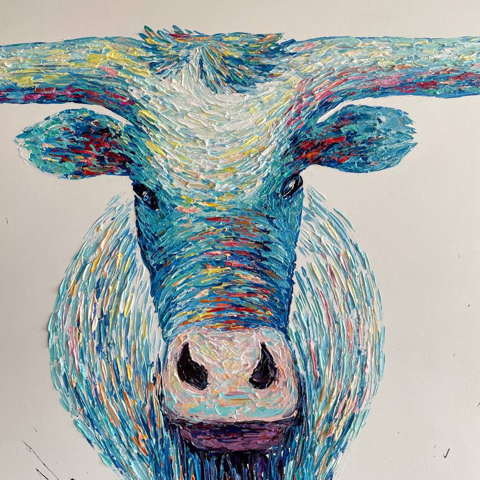 Abstract bull paintings on canvas LONGHORN — Front View | Abstract Oil Painting for Home Decor