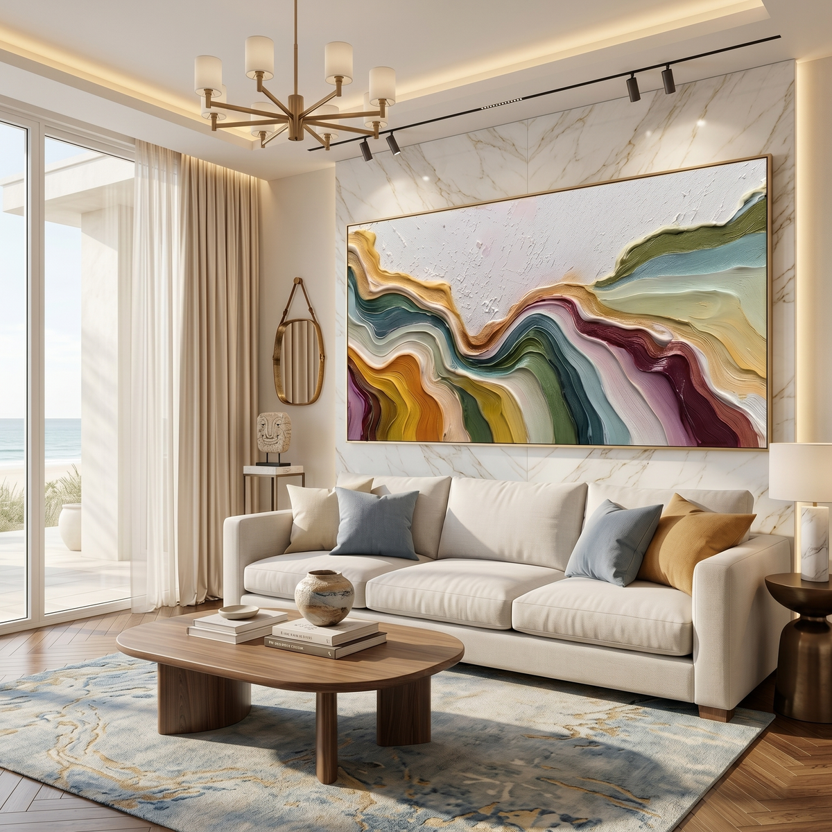 Flowing Rhythms – Heavy Texture Colorful Fluid Abstract Painting | Minimalist Horizontal Entryway Art #Q 547