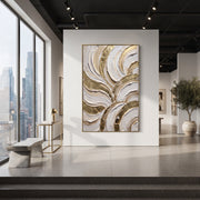 "Fan Shell Gold Arc Relief" - Modern Heavy Impasto Abstract Artwork | White & Grey Palette Knife Painting | Luxury Vertical Wall Art #Q 100
