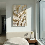 "Fan Shell Gold Arc Relief" - Modern Heavy Impasto Abstract Artwork | White & Grey Palette Knife Painting | Luxury Vertical Wall Art #Q 100