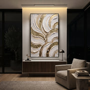 "Fan Shell Gold Arc Relief" - Modern Heavy Impasto Abstract Artwork | White & Grey Palette Knife Painting | Luxury Vertical Wall Art #Q 100