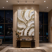 "Fan Shell Gold Arc Relief" - Modern Heavy Impasto Abstract Artwork | White & Grey Palette Knife Painting | Luxury Vertical Wall Art #Q 100