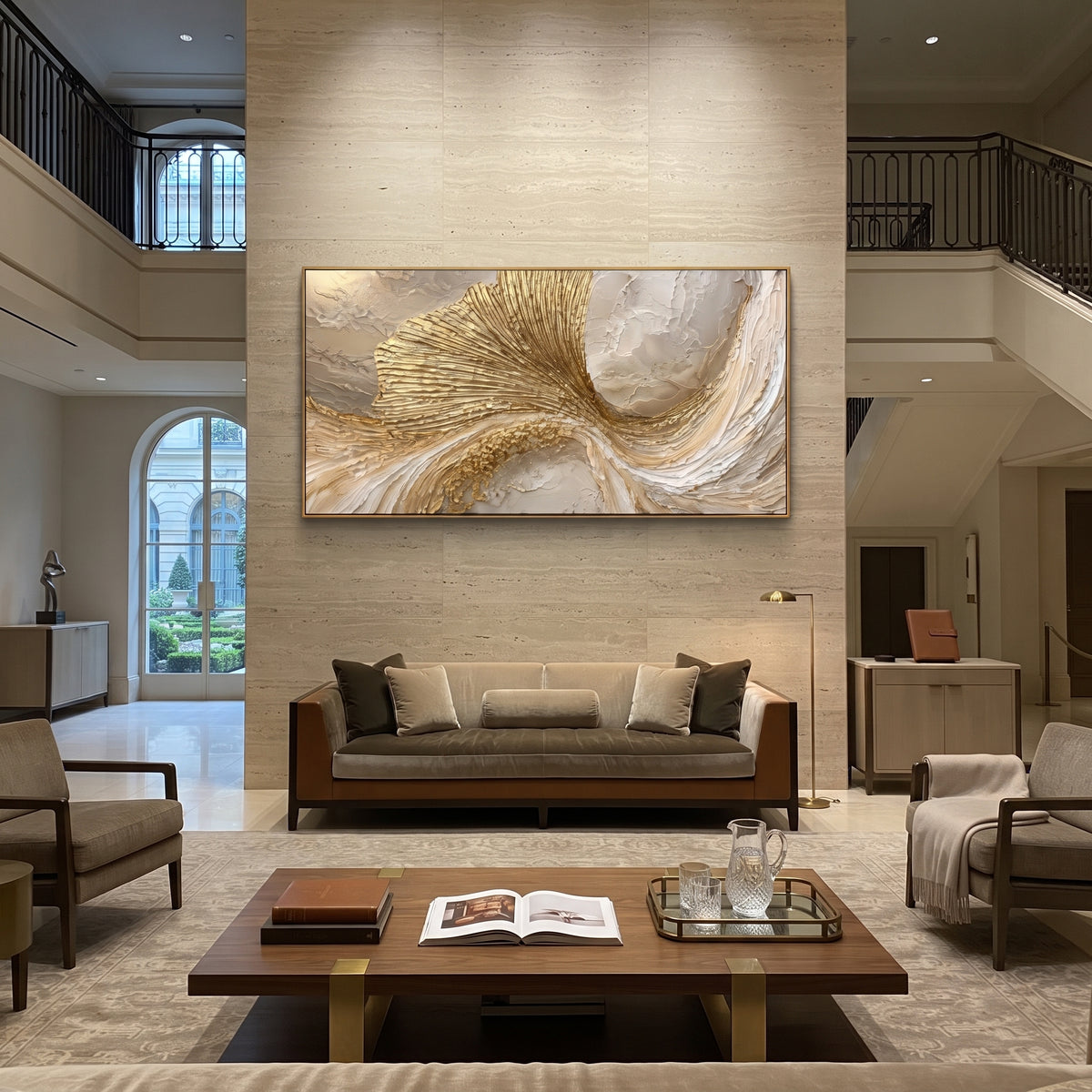 Gilded Shell Sweep Relief focuses on wide shell-like gold fan sweeping across cream plaster with granular raised texture, keeping the composition specific to this single abstract textured artwork rather than using a generic batch description. The visible surface is built around gold, white, beige, with pale plaster passages, metallic highlights, softened neutral transitions, and raised edges that guide the eye across the picture plane. The main movement is easy to read from the image itself