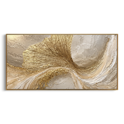 "Gilded Shell Sweep Relief" - Modern Heavy Impasto Abstract Artwork | Gold & White Palette Knife Painting | Luxury Horizontal Wall Art #Q 101
